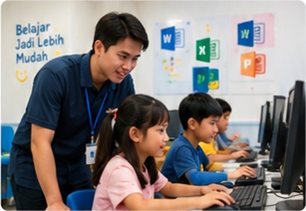 Instruktur membimbing anak di kelas
